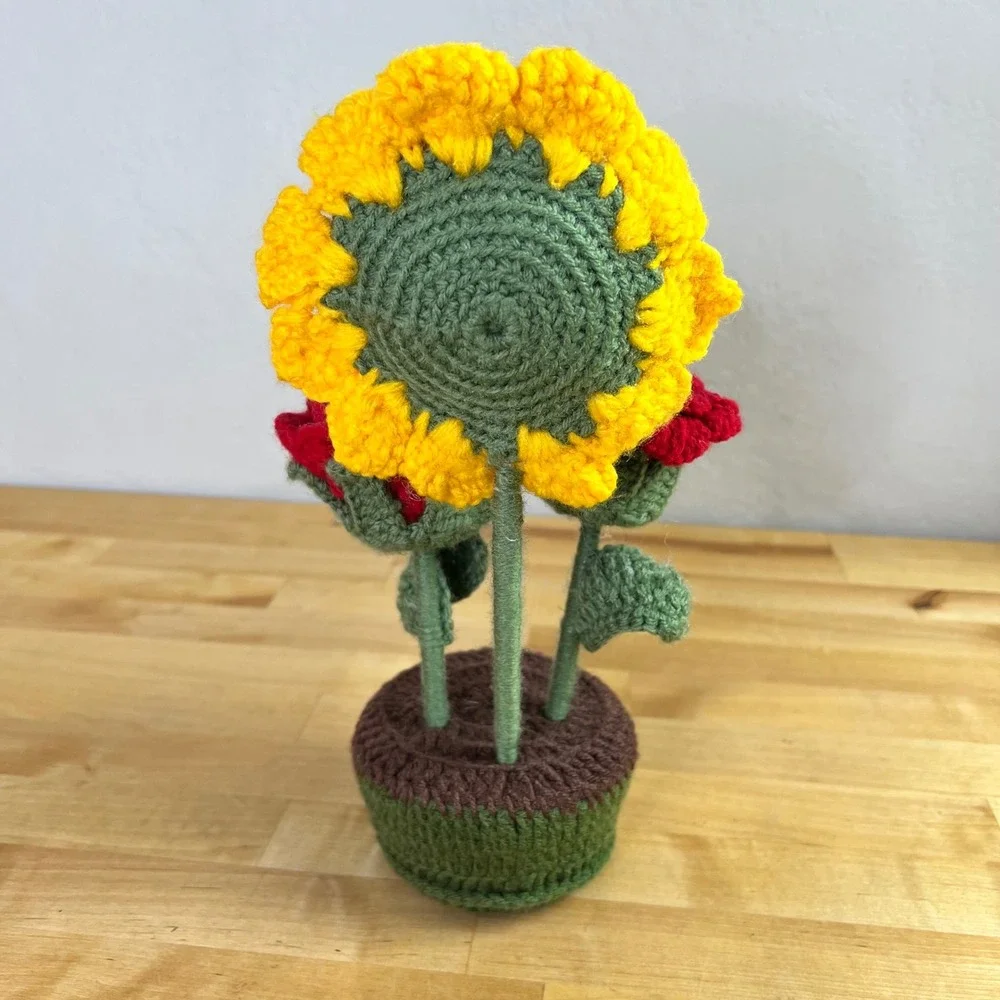 Handmade‎ Crochet Sunflower and Red Roses Potted Plant Decor Floral Cottagecore